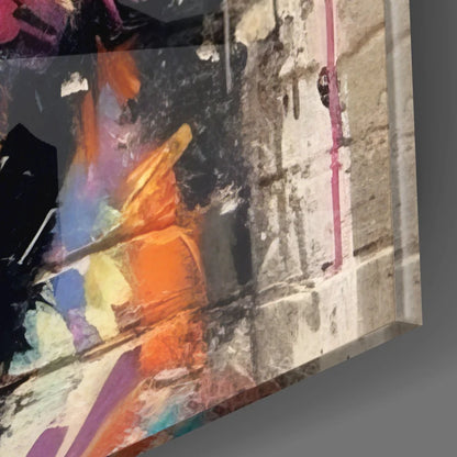 Vibrant tiger tempered glass art with bold orange purple black strokes