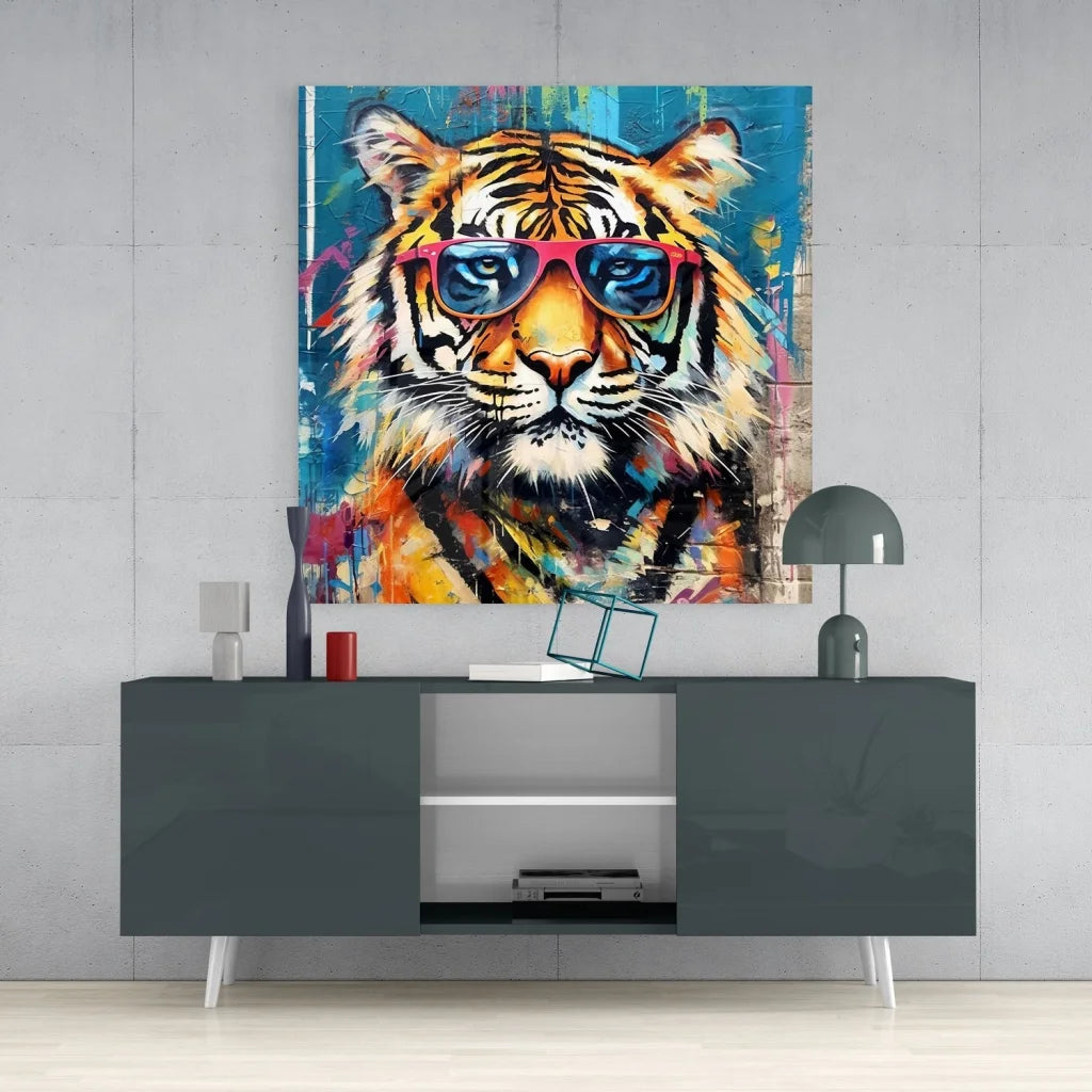 Vibrant tiger tempered glass art with bold orange stripes and pink sunglasses