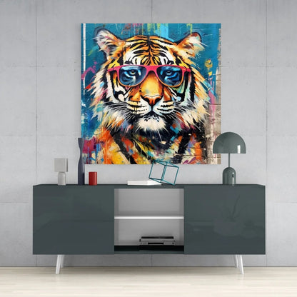 Vibrant tiger tempered glass art with bold orange stripes and pink sunglasses