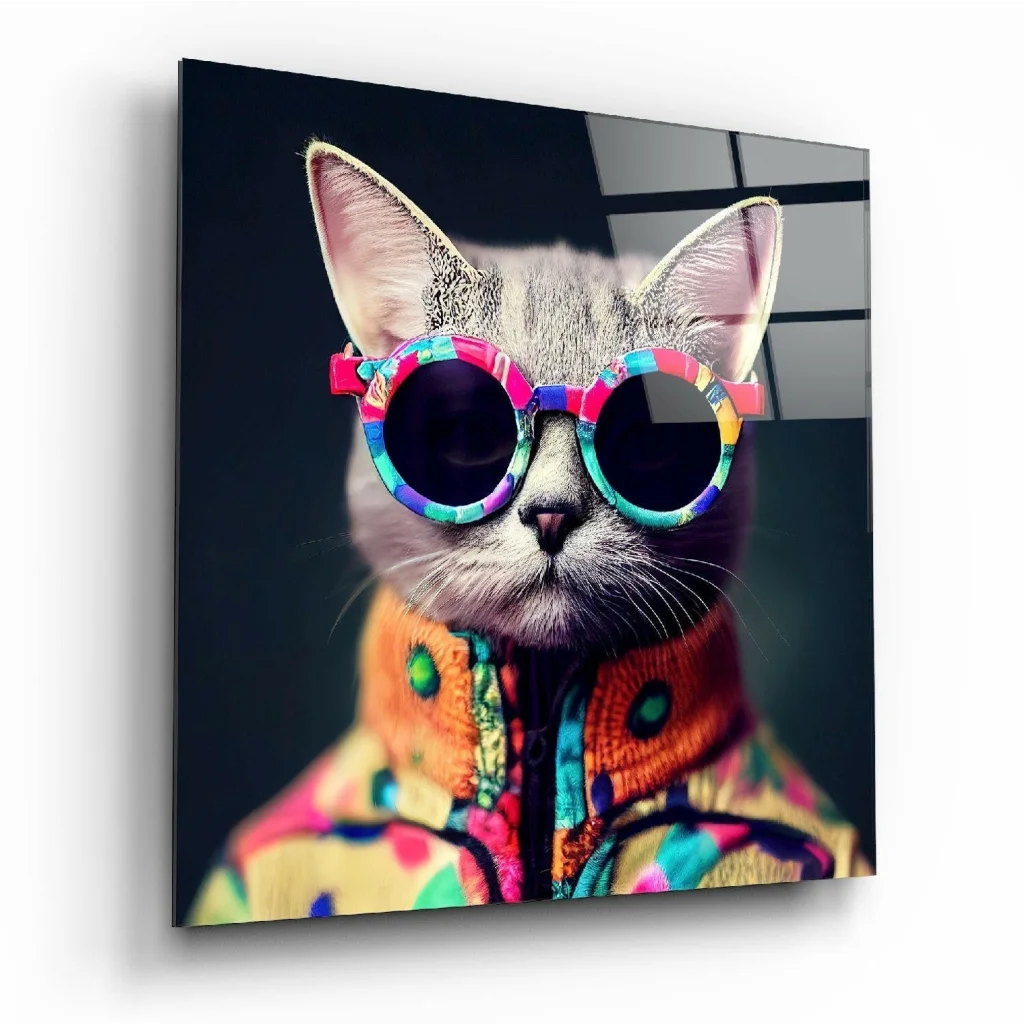 Funky gray tabby cat in sunglasses on neon glass wall art
