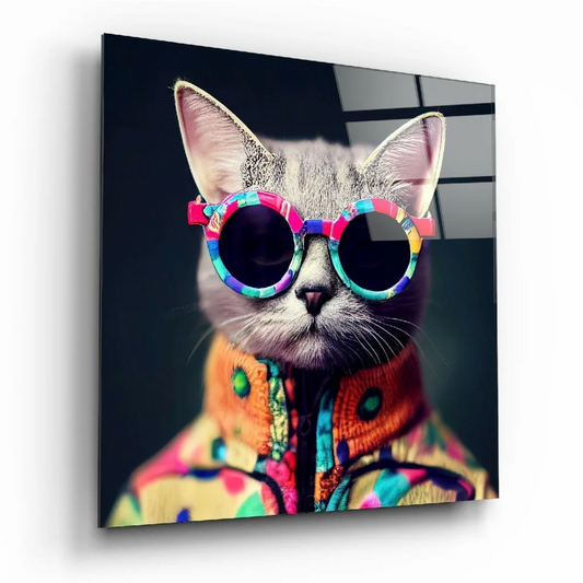 Funky gray tabby cat in sunglasses on neon glass wall art
