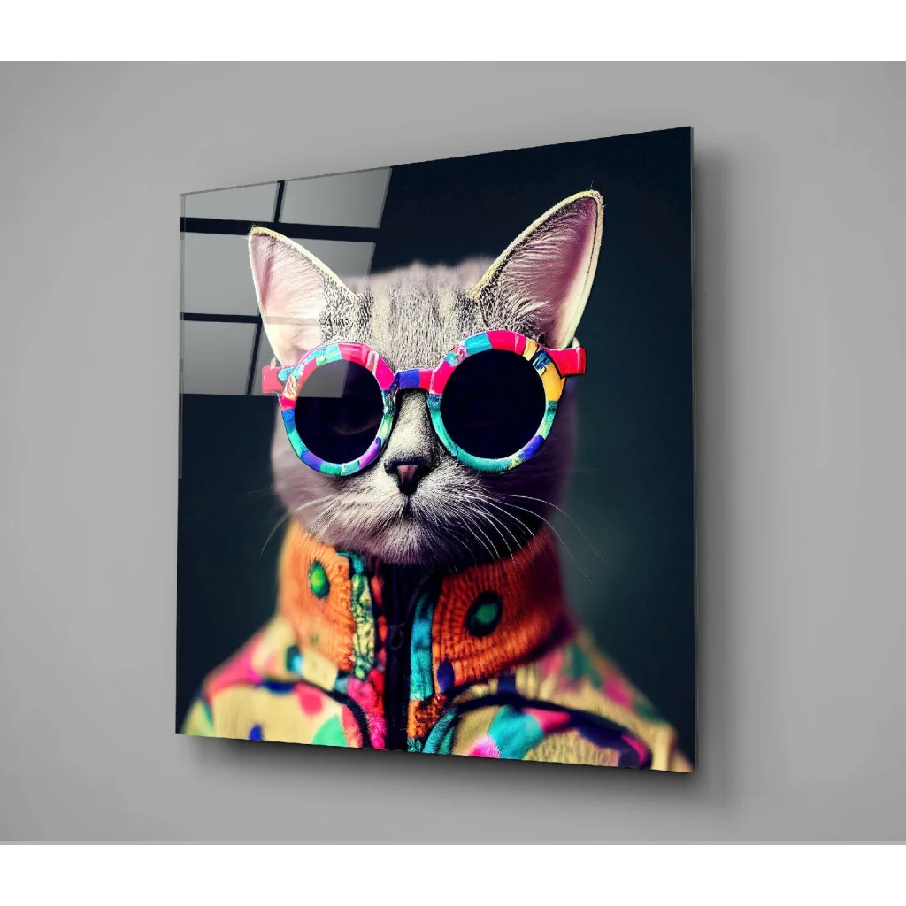 Funky gray tabby cat in sunglasses on neon glass wall art