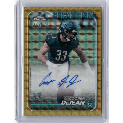 Gold parallel Topps Chrome football card of Cooper DeJean with autograph, numbered 50/50