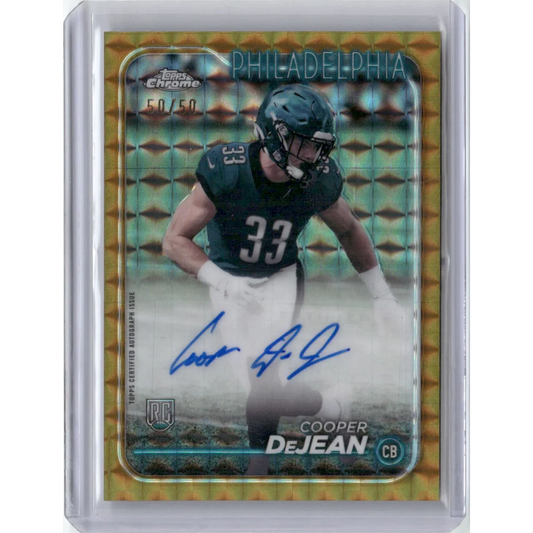 Gold parallel Topps Chrome football card of Cooper DeJean with autograph, numbered 50/50