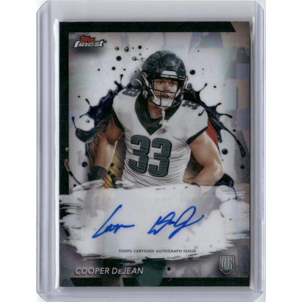 Football trading card of Cooper DeJean in white jersey with autograph and Rookie Card logo
