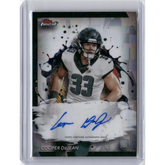 Football trading card of Cooper DeJean in white jersey with autograph and Rookie Card logo