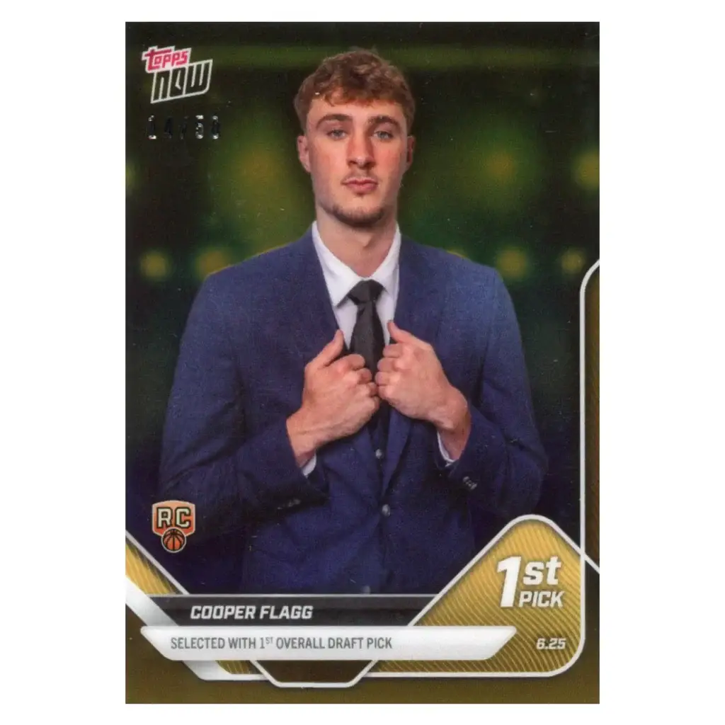 Cooper Flagg 1st pick Topps Now trading card in blue suit jacket