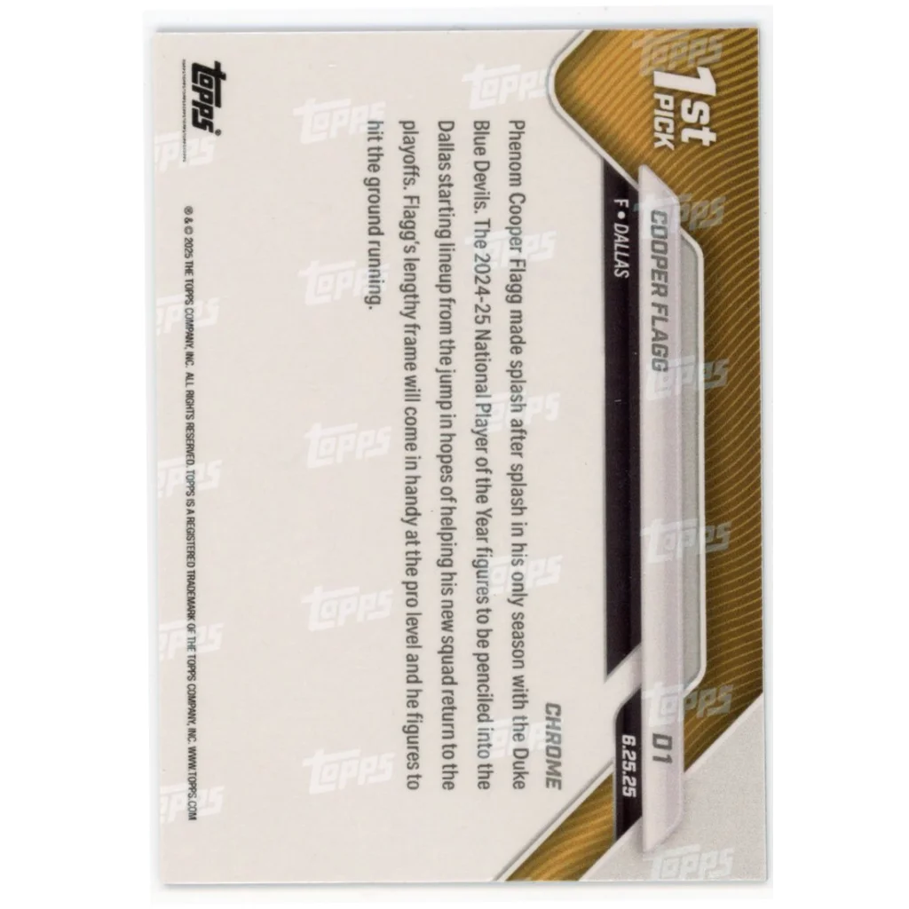 Back of Cooper Flagg 1st Overall Pick Topps Chrome Basketball Card showing details