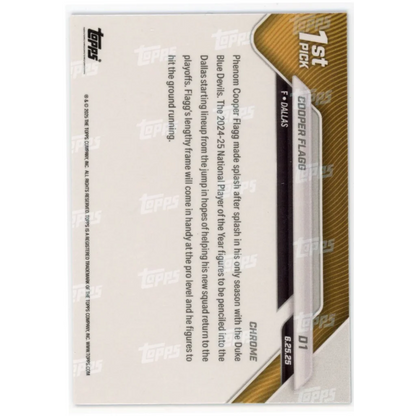 Back of Cooper Flagg 1st Overall Pick Topps Chrome Basketball Card showing details