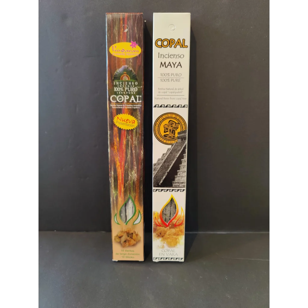 Two copal amber resin incense boxes: wood-grain and Mayan white, 10 sticks