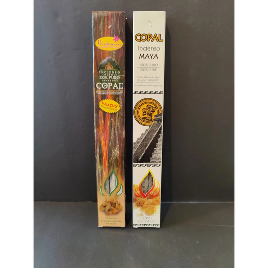 Two copal amber resin incense boxes: wood-grain and Mayan white, 10 sticks