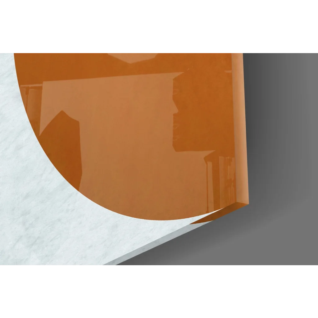 Bold glossy orange glass wall art circle in navy peach terracotta design