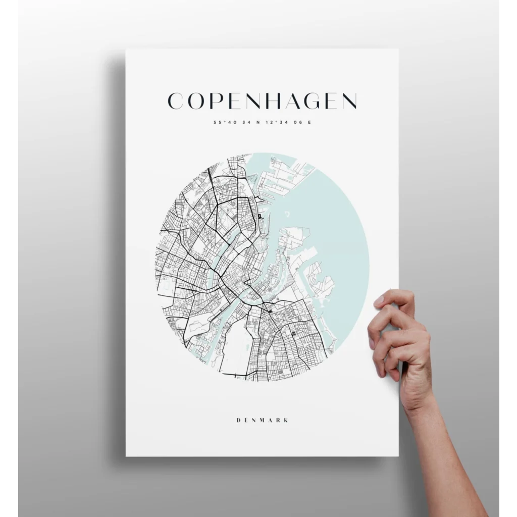 Minimalist Copenhagen map on white aluminum print in blue and black