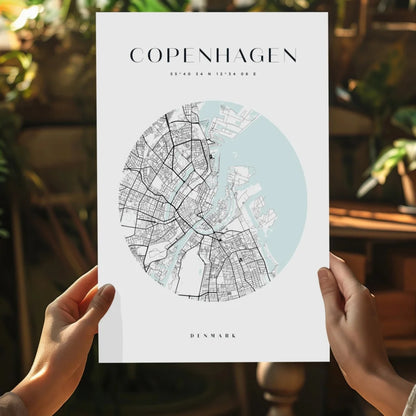 Minimalist Copenhagen map aluminum print in blue water and black streets
