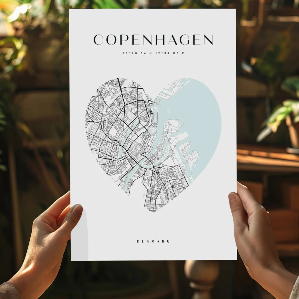 Minimalist Copenhagen heart map on insigne aluminum print