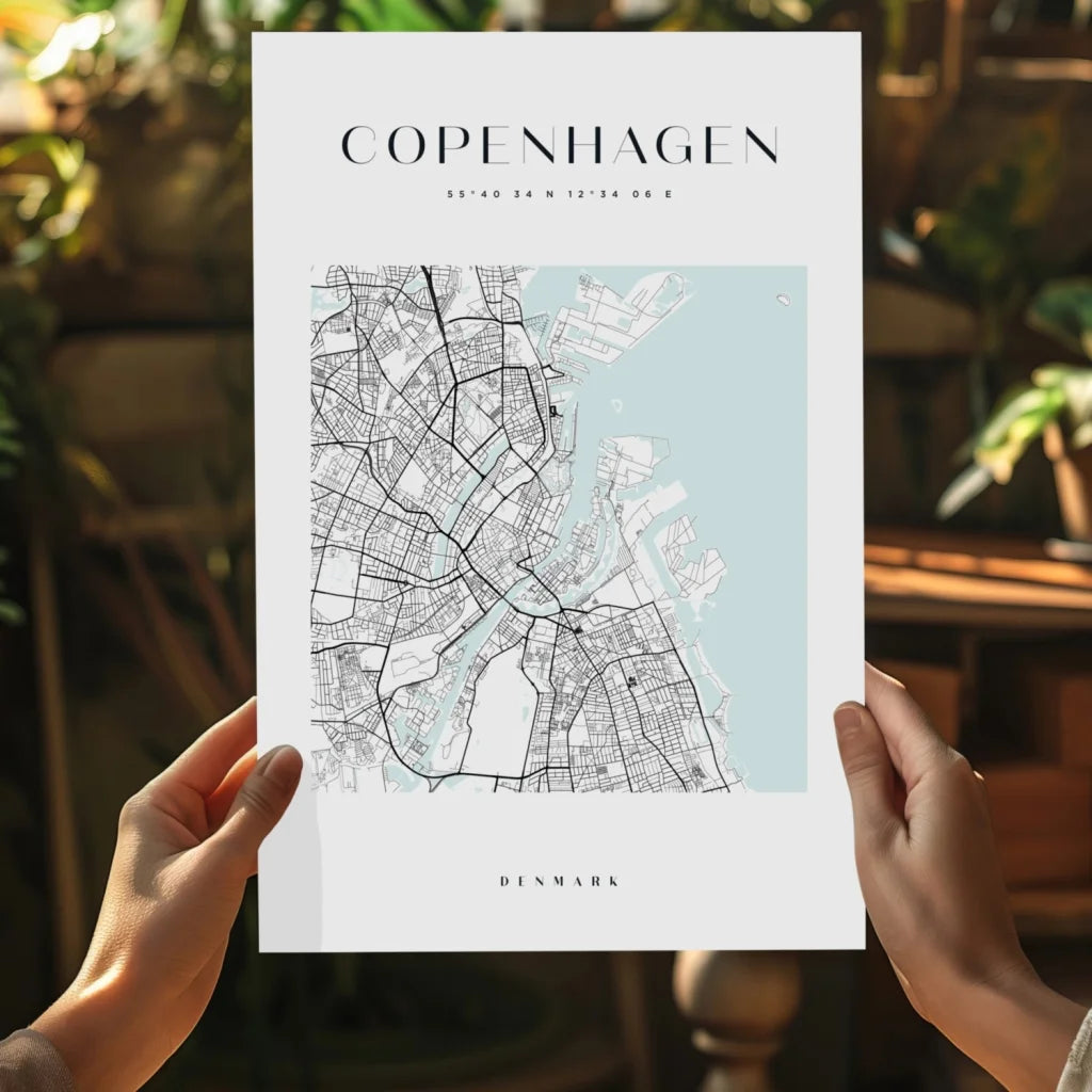 Minimalist Copenhagen map insigne aluminum print in blue watercolor