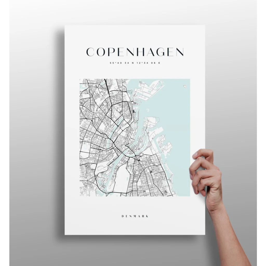 Minimalist Copenhagen map on insigne aluminum print in stunning blue