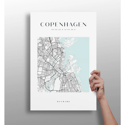 Minimalist Copenhagen map on insigne aluminum print in stunning blue