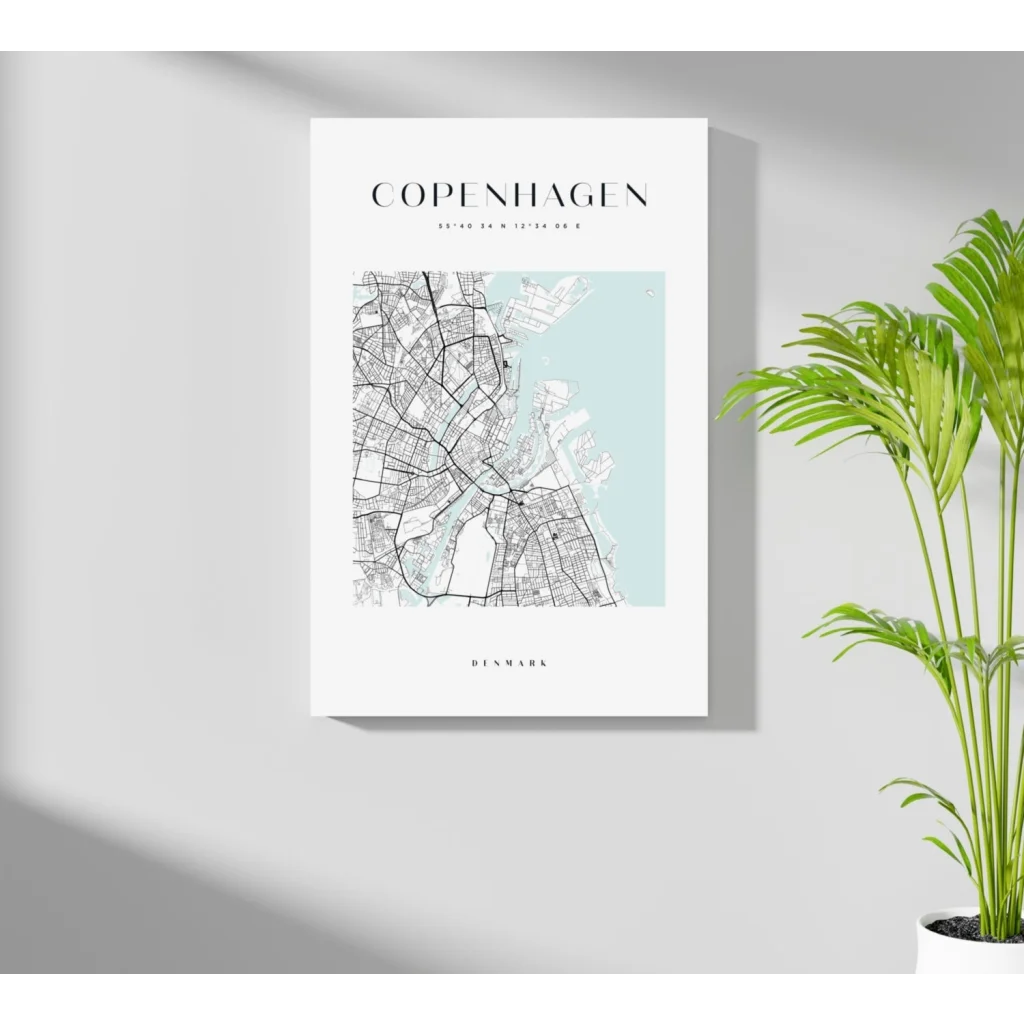 Minimalist Copenhagen map on insigne aluminum print in stunning blue