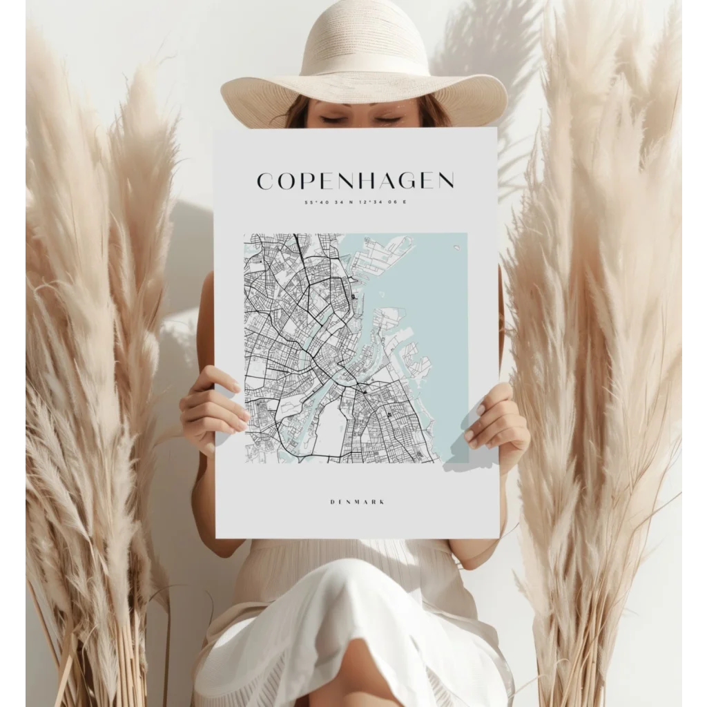 Minimalist Copenhagen map insigne aluminum print in blue with pampas grass frame