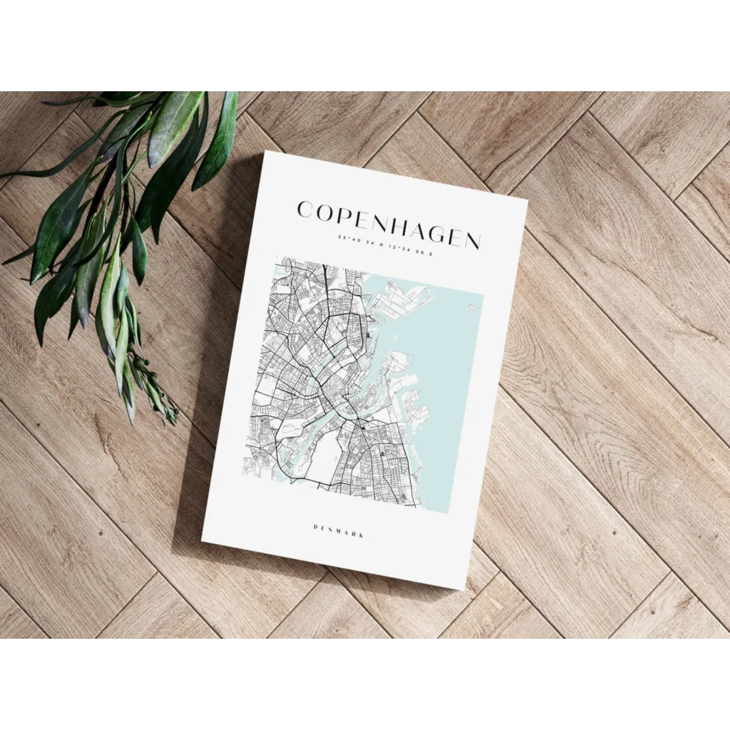 Minimalist Copenhagen map insigne aluminum print in light blue watercolor
