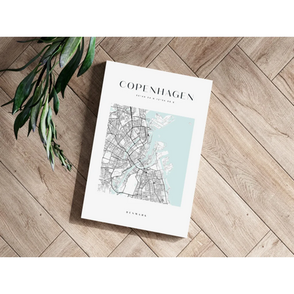 Minimalist Copenhagen map insigne aluminum print in light blue watercolor