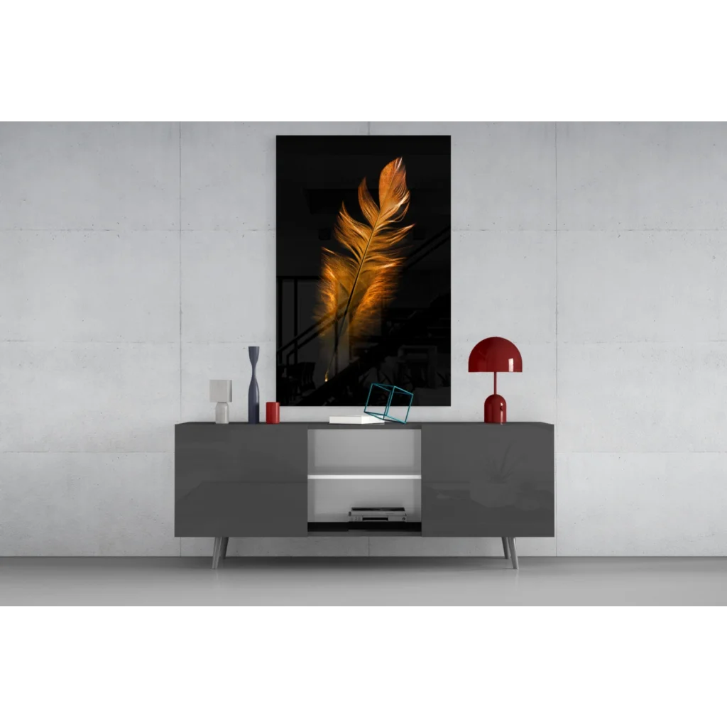 Stunning golden feather glass wall art on black canvas above gray console