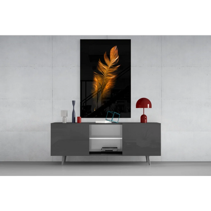 Stunning golden feather glass wall art on black canvas above gray console