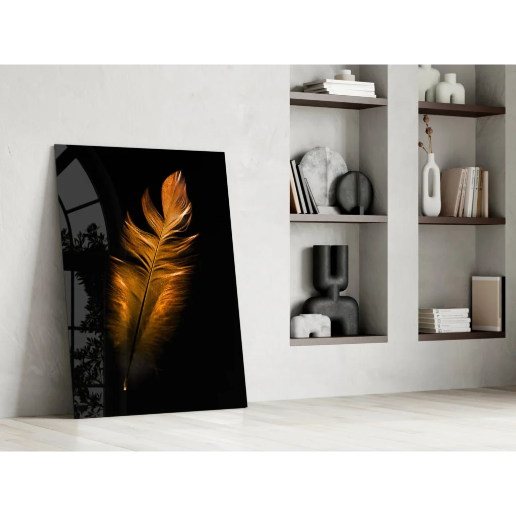 Stunning golden feather glass wall art on black canvas