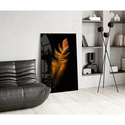 Stunning golden feather glass wall art on black canvas