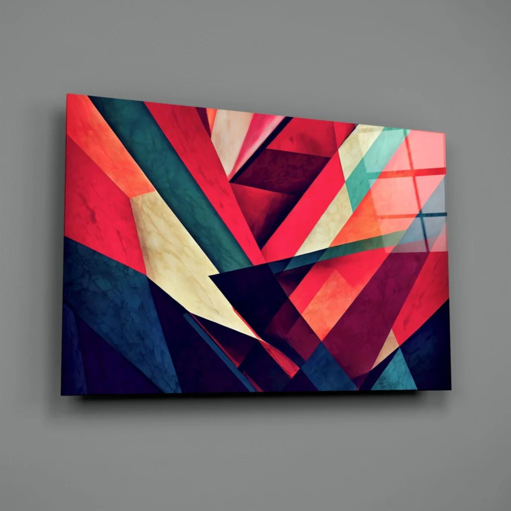 Vibrant bold geometric glass wall art in red, teal, and gold