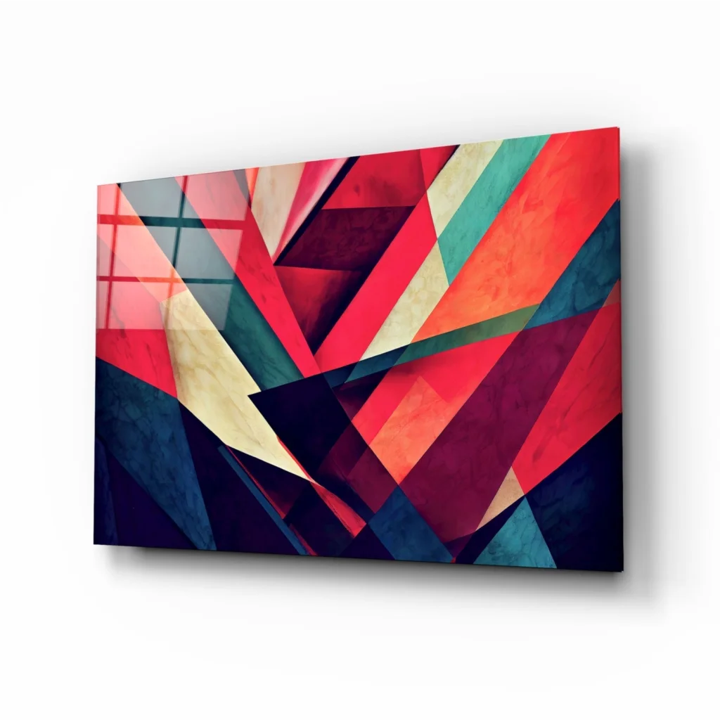 Bold red teal gold geometric glass wall art with vibrant stripes