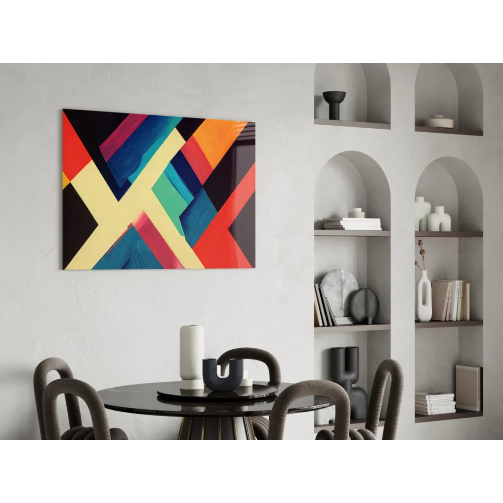 Vibrant bold geometric stripes wall art canvas in red orange blue green yellow on black