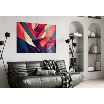 Bold geometric glass wall art in red, teal, and gold stripes