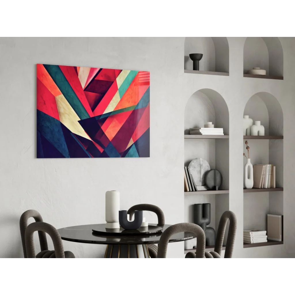 Vibrant geometric glass wall art with bold red teal and gold triangles