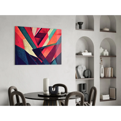 Vibrant geometric glass wall art with bold red teal and gold triangles