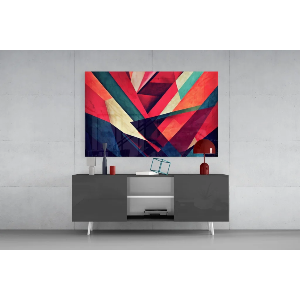 Vibrant bold geometric glass wall art in red, teal, and gold