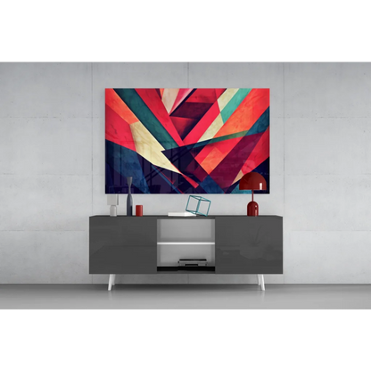 Vibrant bold geometric glass wall art in red, teal, and gold