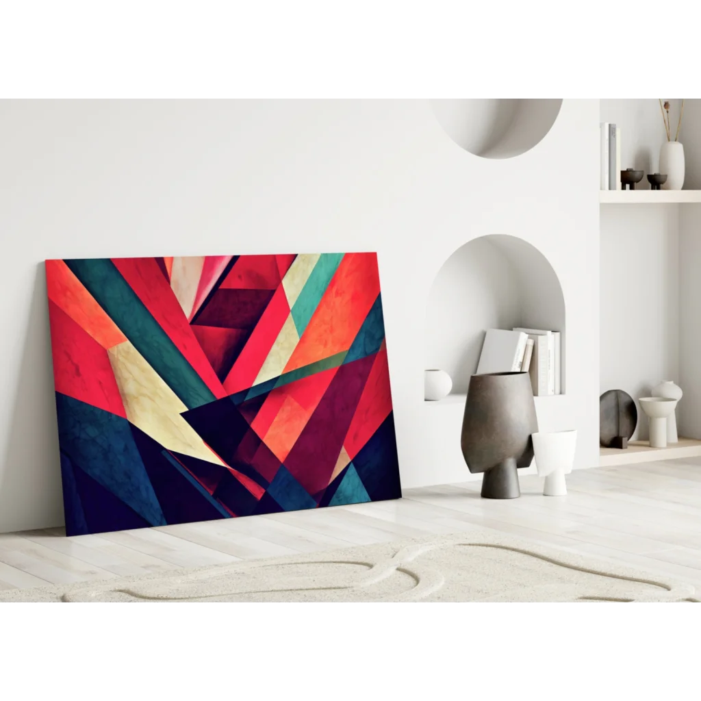 Vibrant bold geometric glass wall art in red teal and gold