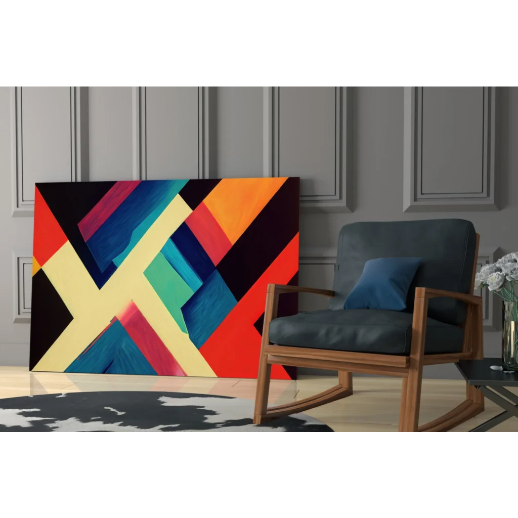 Vibrant bold geometric abstract wall art canvas in red, orange, blue, teal, yellow on black