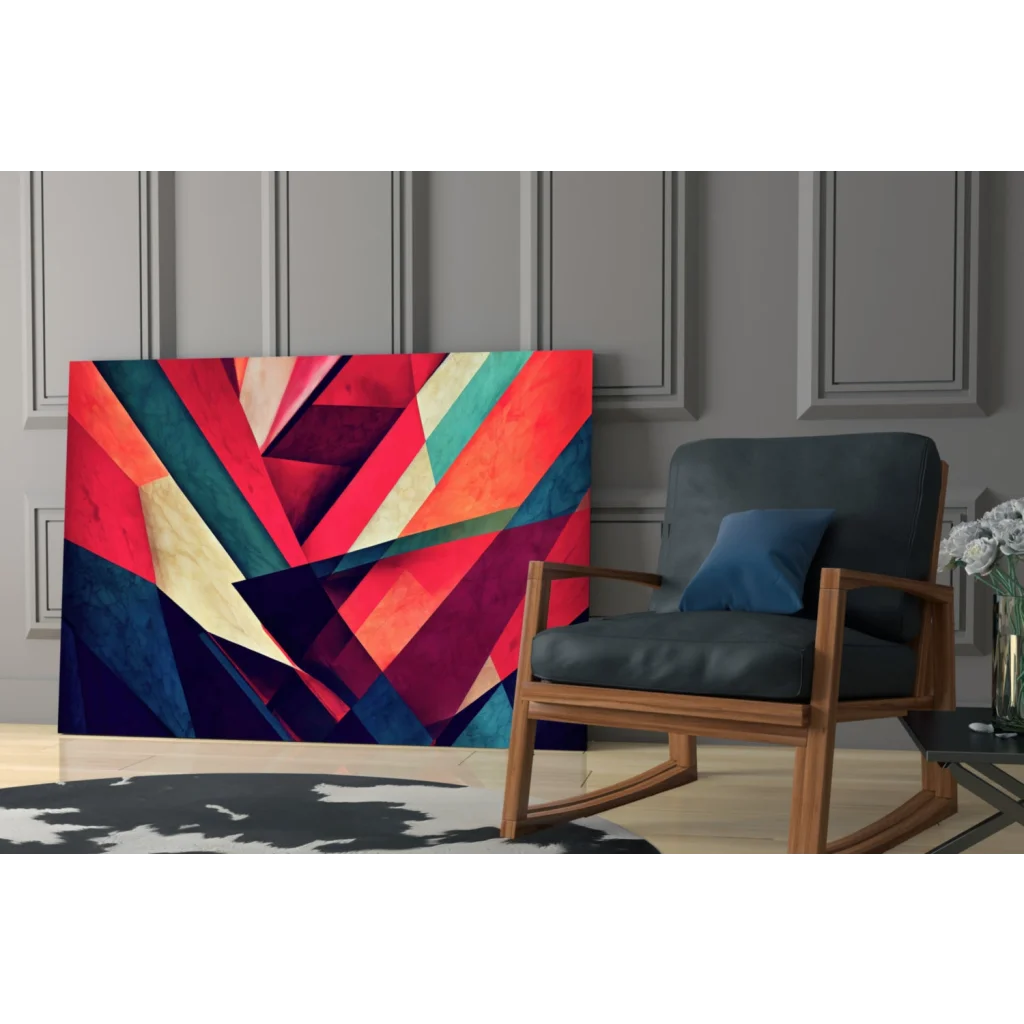 Vibrant geometric glass wall art in bold red, teal, and gold stripes