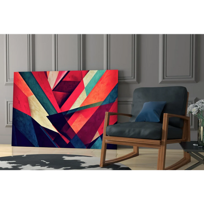 Vibrant geometric glass wall art in bold red, teal, and gold stripes