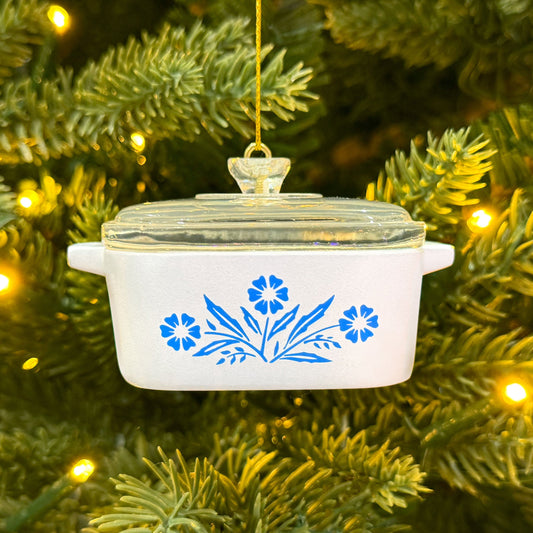 White Cornflower mini casserole ornament hanging on a Christmas tree