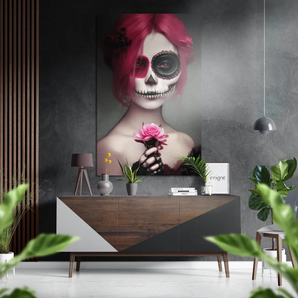 Vibrant pink-haired sugar skull woman with rose on brushed aluminium dibond