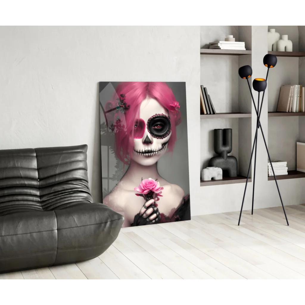 Vibrant pink sugar skull woman with rose in glass wall art canvas