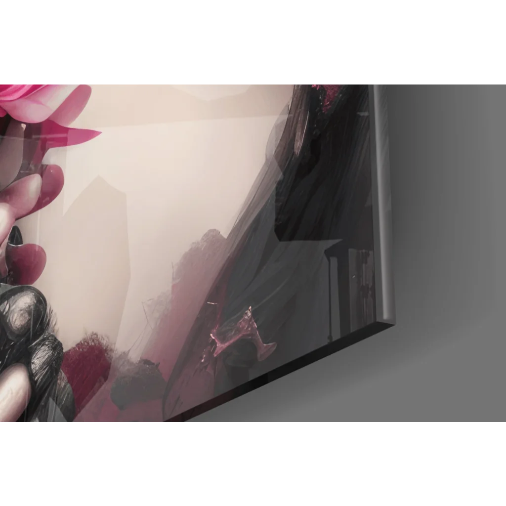 Sleek pink sugar skull rose glass wall art with bold pink black brushstrokes