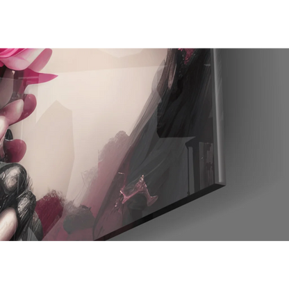 Sleek pink sugar skull rose glass wall art with bold pink black brushstrokes