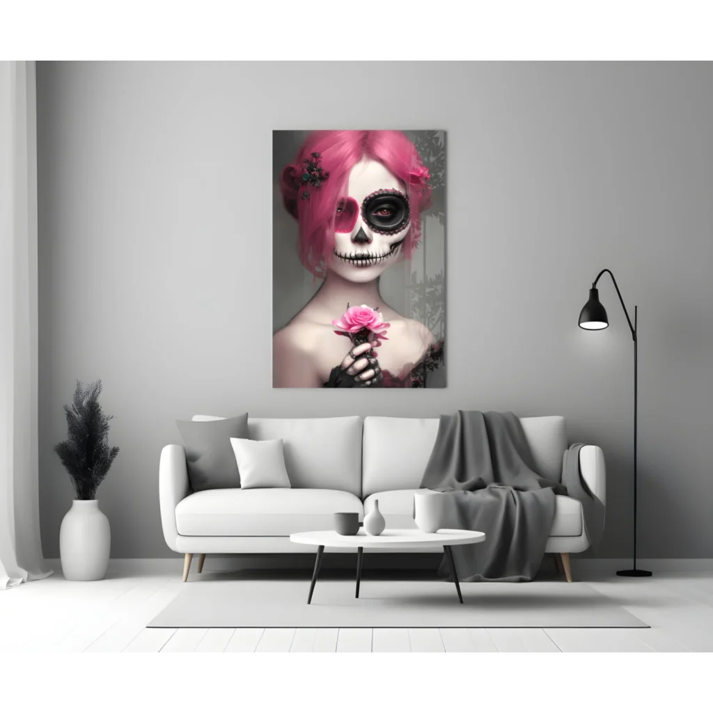 Vibrant pink-haired sugar skull with rose in glass wall art canvas