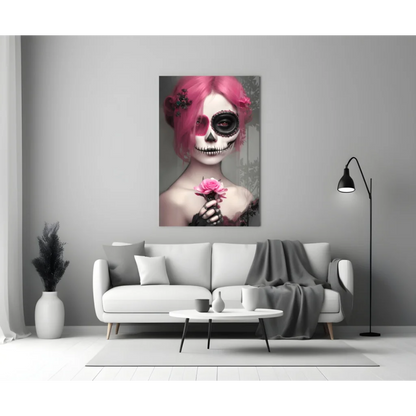 Vibrant pink-haired sugar skull with rose in glass wall art canvas