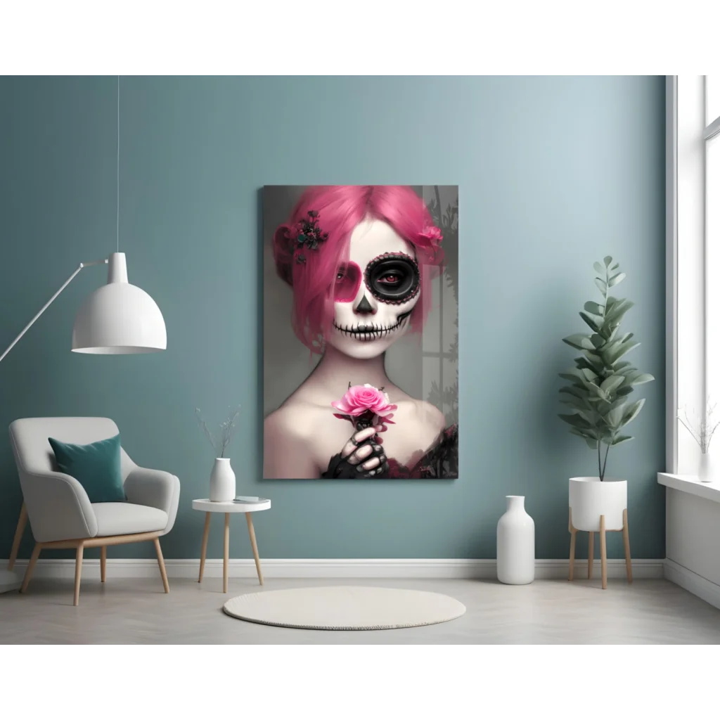 Vibrant pink sugar skull rose glass wall art canvas portrait